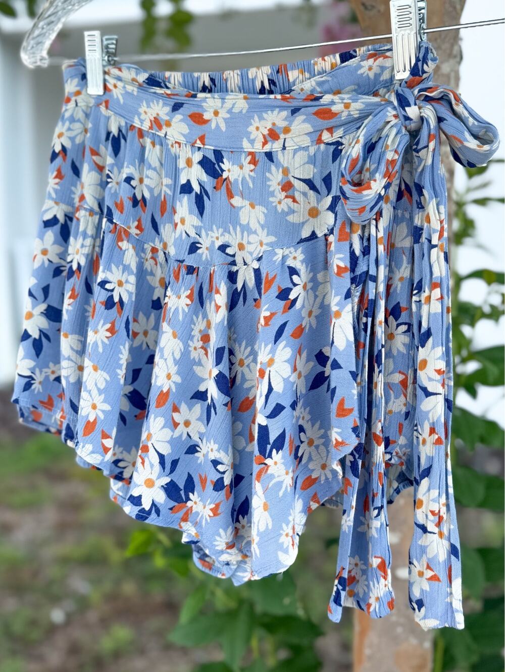 Angie Blue Floral Wrap Tie Flowy Shorts Skort Size S Boho